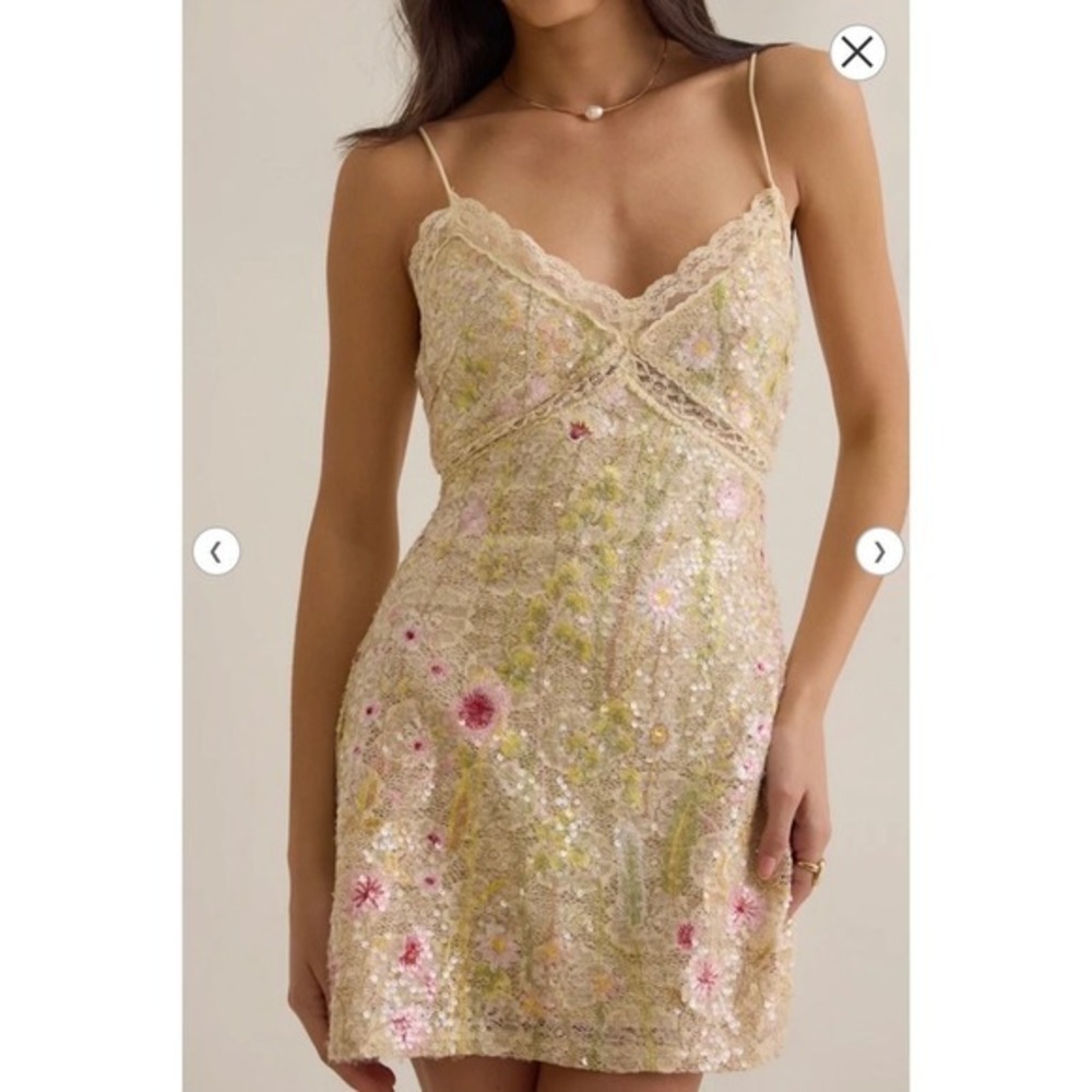 Altar'd State Gold Sequin Mini Dress with Pink & Green Floral Embroidery